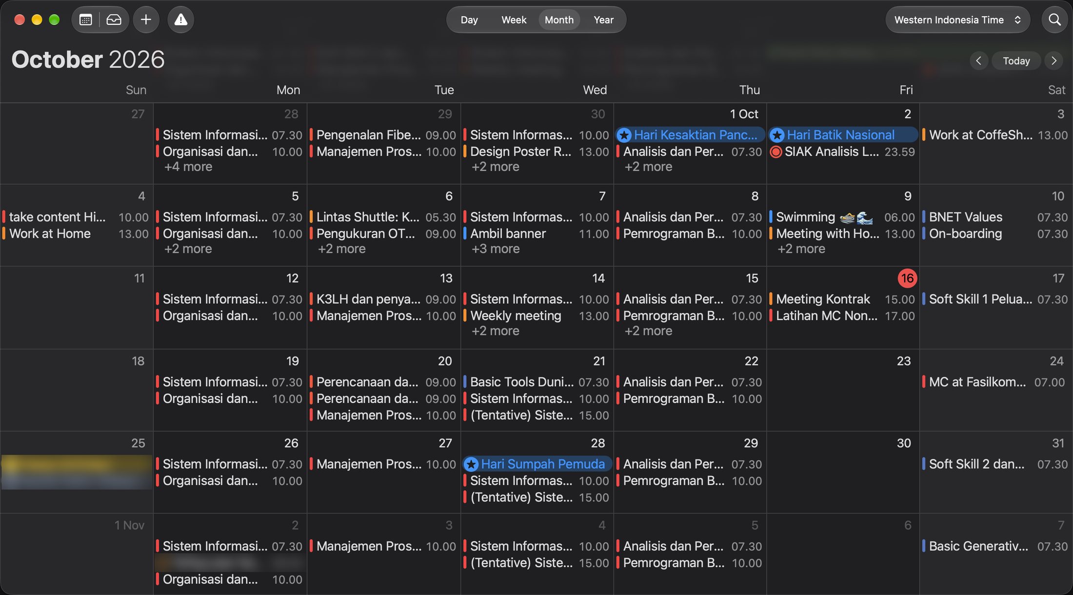 Screenshot kalender Oktober 2026 Fathir: jadwal kuliah, kerja, event, dan olahraga